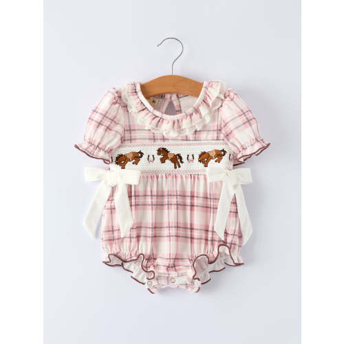 Western Horse Embroidered Smocked Plaid Baby Girl Romper – Rylee Faith Designs
