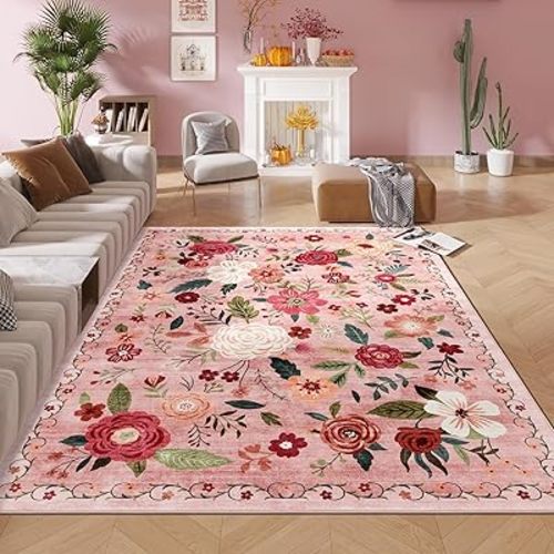 5x7 Washable Area Rug for Living Room, Floral Non-Slip Non-Shedding & Easy Care, Soft Low Pile Boho Indoor Floor Carpet for Living Room, Bedroom, Farmhouse, Dining Room, Kids Playroom, Pink