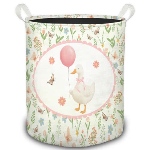 Pink Balloon Goose Floral Laundry Basket, Spring Cottagecore Flower Goose Foldable Laundry Hamper With Handles Clothes Toys Storage Basket for Girls Nursery Kids Bedroom Bathroom