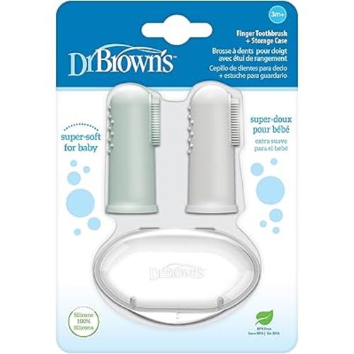 Dr. Brown's Silicone Finger Toothbrush for Baby with Travel-Storage Case, 3m+, Gray and Light Green, 2 Count, (Pack of 1)