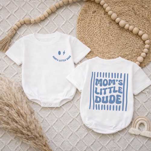 Mom's Little Dude Baby Bubble Romper, Groovy Striped Mommy's Bestie Newborn Outfit, First Mother's Day Romper, Little Dude Infant Clothes