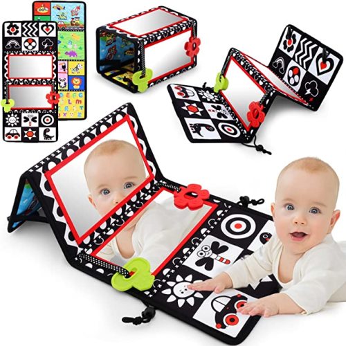 Tummy Time Floor Mirror with Teethers, Double-Sided Baby Mirror Black and White High Contrast Baby Toys for Babies, Baby Montessori Toys Crawling Developmental Newborn Infant Sensory Toys (A-Mirror)