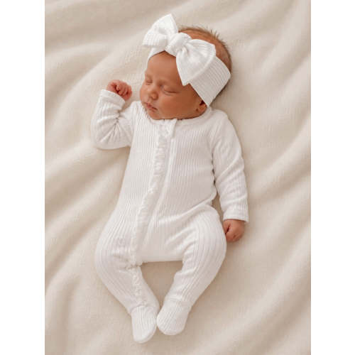White / Ribbed Frill 2-Way Zip Footie