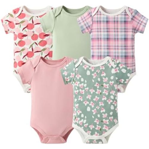 Baby Girls Short Sleeve Bodysuit,100% Cotton 5 Pack of Infant Clothes,0-24 Months Soft Toddler Summer Rompers