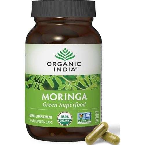 Organic India Moringa Capsules Organic, Pure Supergreen, Vegan, 90 Capsules | Moringa Leaf Supplement, Green Superfood Supplement, Vegan Greens, Nature's Multivitamin, Gluten-Free