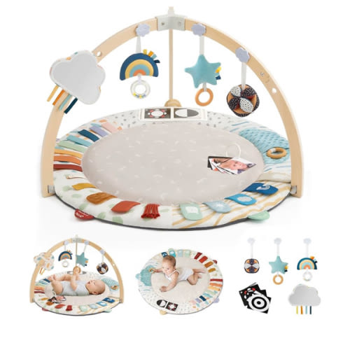 Blissful Diary Baby Play Gym & Activity Mat, 5 Developmental Zones Wooden Tummy Time Mat with 5 Detachable Sensory Toys for Motor Skills & Sensory Development, Baby Essentials Shower Gift