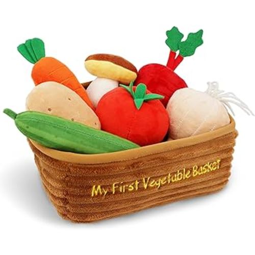 June Garden My First Vegetable Basket - 7 Pcs Plush Interactive Pretend Play Food Playset - Includes Basket Carrier, Cucumber, Carrot, Tomato, Potato, Mushroom, Radish and Garlic - Ages 2+