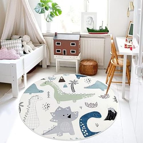 Kids Rug Circle Dinosaur Carpet for Boys Bedroom Nursery Mat 4Ft Round Animal Carpet for Children Boys Girls Cartoon Animal Crawling Mat for Playroom Nonslip Jungle Rug