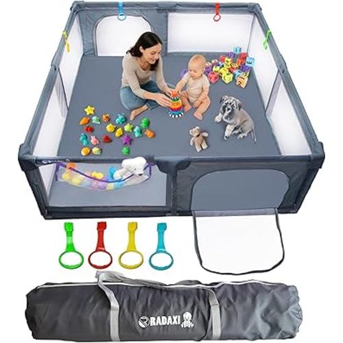 Baby Playpen 71x59 Inch Large Playpen for Babies and Toddlers Baby Playard with Zipper Gates Safety Fence Play Pen Play Yard with Soft Breathable Mesh Indoor & Outdoor Kids Activity Center Dark Gray