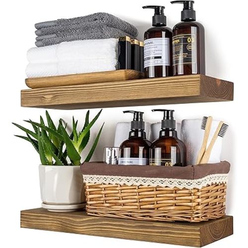 Wood Floating Shelves,16 inch Rustic Wood Wall Shelves for Bathroom Living Room Bedroom Kitchen Farmhouse Laundry Room Set of 2,Handmade-Thickened Wall Shelf,Black Walnut