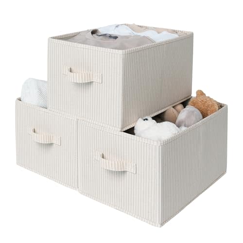 StorageWorks Foldable Shelf Organizer Bins, Closet Storage Baskets for Clothes, Fabric Storage Bins for Shelves, Beige Stripes, 3-Pack, Large