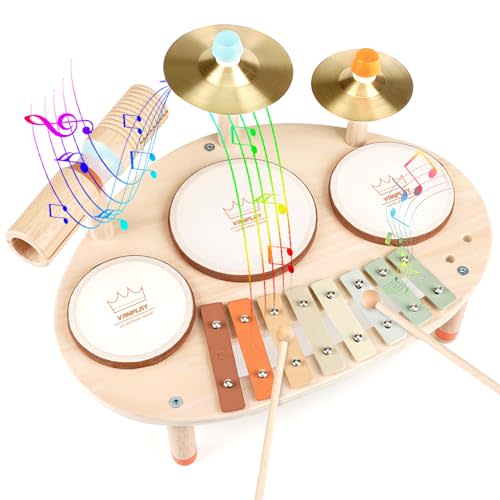 Drum Set - 9 in 1 Musical Instruments for for Toddlers 1-3, Wooden Montessori Toys for Boy & Girls Easter Christmas Birthday Gifts, Musical Drum Set with Xylophone for Kids 1-2