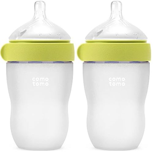 Comotomo Silicone Baby Bottle Gen 2 – 2026 Release (8oz) – Soft, Wide-Neck Bottle for Comfortable Feeding with Dual Anti Colic Vents (Includes Medium Flow Nipples), Green (Double Pack)