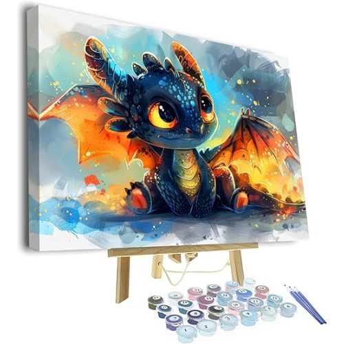 DIY Paint by Number Kits for Adults Beginner Wall Paint by Numbers Dragon Painting by Numbers Artwork Dragon Baby Cub Paint by Numbers Kits Crafts for Living Room Wall Decor 16x20 in (Framework)