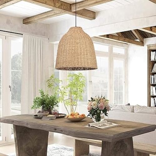 Arturesthome Large Woven Pendant Light for Kitchen Island,Rustic Farmhouse Rattan Chandelier Wicker Basket Ceiling Hanging Lamp for Dining Room Bedroom,Entryway,Foyer 19.6"*17.6"