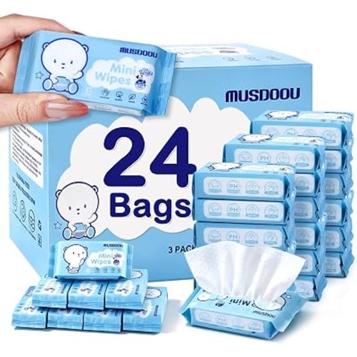 24 Pack Mini Travel Wet Wipes, 8 Wipes Each, Pocket Size Portable Wipes with 99.5% Water, Unscented Gentle Cleansing Wipes for Travel Essentials, Camping, Festivals & Everyday On-The-Go Use