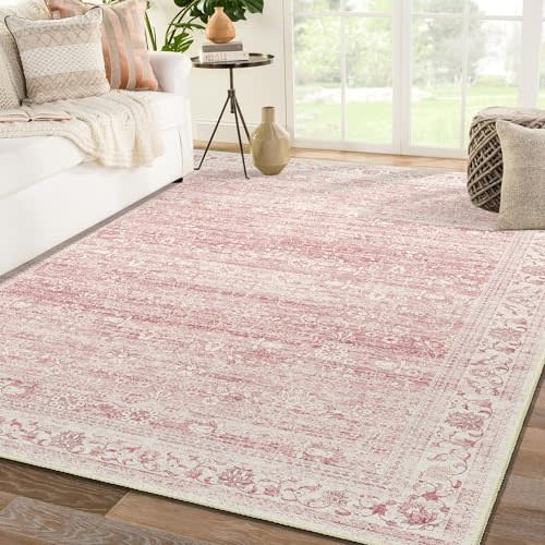 Brakki Pink Rug 4x6.5, Washable Boho Area Rug for Living Room Bedroom | Ultra Thin Soft Rug, Vintage Distressed Carpet, Non Slip, Floral Rug for Dining Room Kitchen