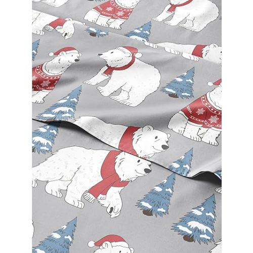 Full Christmas Santa Bears Sheet Set - Holiday Xmas Pattern Bedding Set - Deep Pockets - Snug Fit - 4 Piece - Wrinkle Free - Cozy Cooling Festive Winter - Holiday Sheets for Women, Men, Kids & Teens