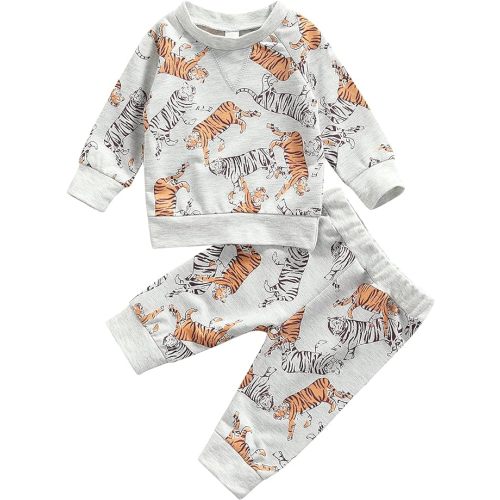 Ledy Champswiin 2pcs Winter Newborn Baby Boy Clothes Infant Dinosaur Print Outfit Ribbed Long Sleeve Tops Pants Set - 0-3 Months - Tiger Grey