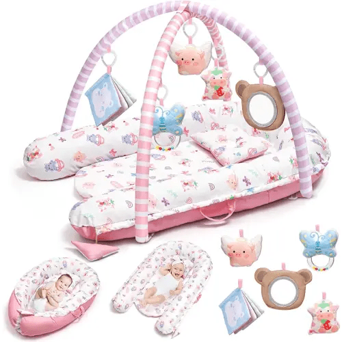 Pink Baby Play Mat, 7-in-1 Infant Gym Mat for Sensory and Motor Development, Washable & Portable Newborn Tummy Time Activity Mat for Home & Travel, Babies Gift for 0-3-6-9-12-18 Months