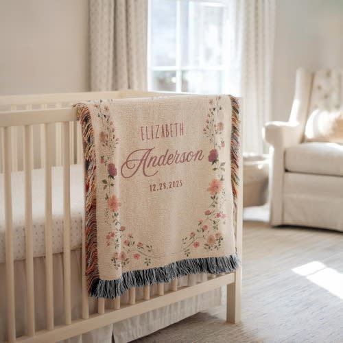 Personalized Baby Girl Blanket Baby Shower Woven Blanket Wildflower Design Nature Blanket Nursery Decor Wildflower Baby Girl Name Blanket