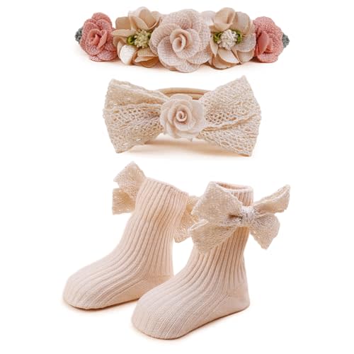 cherrboll Baby Girl Headbands and Socks Set, 3Pcs Soft Floral Hairbands Hair Bows Knit Socks for Newborn Infants Toddlers Photography Props Gifts