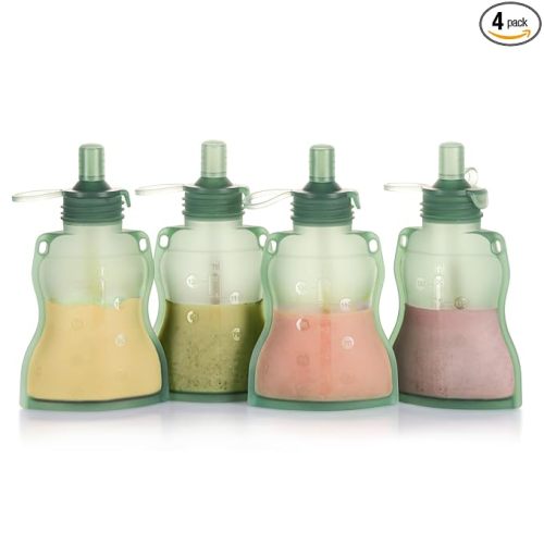 haakaa Baby Food Pouch Refillable Baby Squeeze Silicone Yummy Pouch, Soft Reusable Squeeze Storage Food Pouch for Kids Toddler,Home Made Food Puree,Smoothie Pouch Bag, 4oz, 4 Pack,6m+(Pea Green)