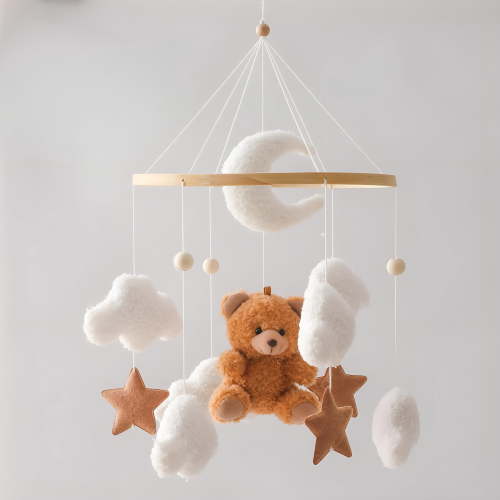 CYFW Baby Crib Mobile Brown Bear Nursery Decor for Boys Girls, Teddy Velvet Hanging Mobile for Bassinet, Handcrafted Wood Infant Bedroom Accent, Newborn Baby Gift