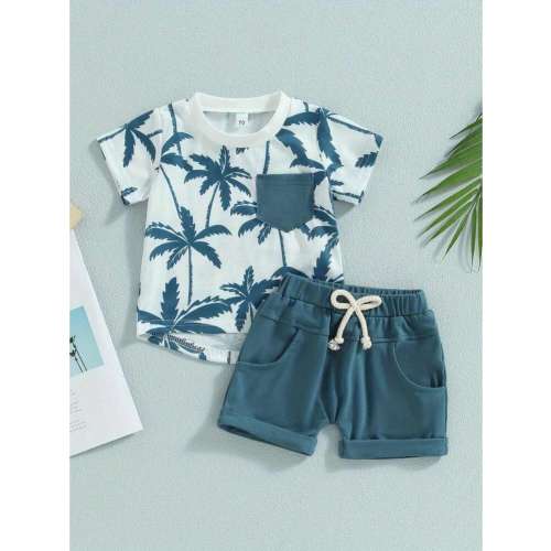 0-3 Years Toddler Baby Boy Summer Clothes Beach Short Sleeve Palm Print Hawaiian T-Shirt And Drawstring Shorts Set Summer Outfit | SHEIN USA