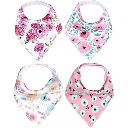 Copper Pearl 4 Pack Soft Cotton Baby Bibs for Drooling and Teething, Absorbent Drool Bibs for Baby Girl and Boy, Adjustable to Fit Newborns to Toddlers, Tons of Styles (Bloom)