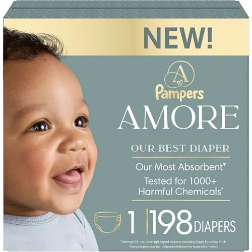Pampers Amore, Size 1 (8-14 lbs), 198 Count, Our Best Diaper – Hypoallergenic & Fragrance Free, Up to 100% Leakproof, Soft as Cashmere
