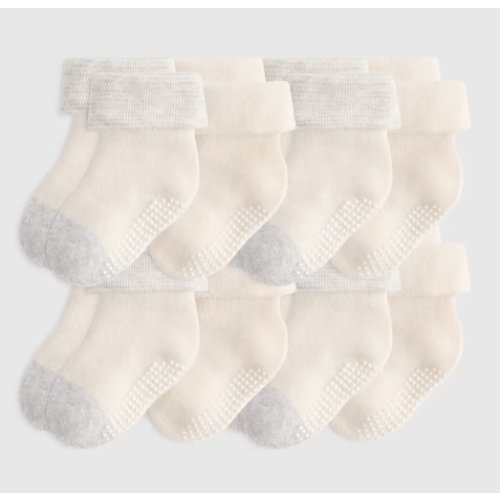 Organic Cotton Gripper Fold Over Socks 8-Pack - Baby in White/Grey
