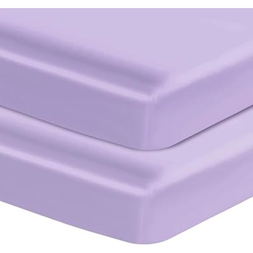 Entisn Satin Crib Sheets 2 Pack, 28 x 52 x 8 Inch Soft Fitted Crib Mattress Sheets for Baby Girls, Light Purple Nursery Bedding Protect for Skin and Hair