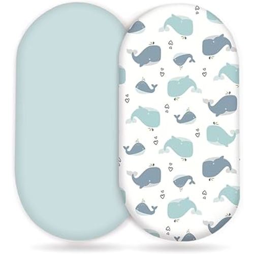 Stretchy Ultra Soft Fitted Bassinet Sheet Set 2 Pack, Universal Fit for Bassinets Baby Cradle Moses Basket Oval Rectangle Pad/Mattress, Lovely Whale Bassinet Sheets