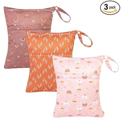 babygoal Wet Dry Bags for Baby Cloth Diapers, Washable Travel Bags, Beach, Pool, Gym Bag for Swimsuits & Wet Clothes with Two Zippered Pockets 3 Pack, 3LN15