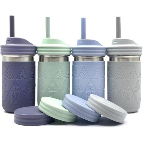 Elk and Friends 14oz Stainless Steel Kids + Toddler Drinking Cups | The Original Mason Jar with Sleeves + Lids | Silicone Straws | Smoothies | Storage Jar | Spill Resistant | Dishwasher Safe | 4 Pack