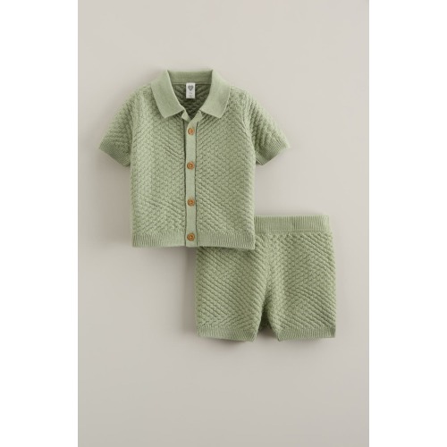 Short Sleeve Knit Button-Up Shirt & Shorts Set