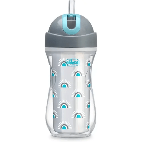 Chicco Double Wall Insulated Flip-Top Sippy Cup with Silicone Straw and Spill-Free Lid 9oz. | Top-Rack Dishwasher Safe | Easy to Hold with Ergonomic Indents | Sunburst Silver/Blue | 12+ months