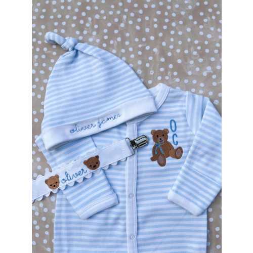 Personalized Baby Blue Teddy Bear Gift Set: Embroidered Onesie, Hat & Pacifier Clip - Etsy