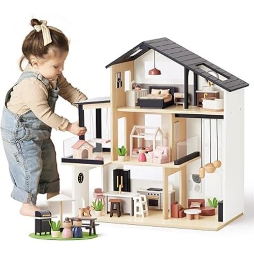 Tiny Land Doll House, Modern Family Dollhouse with Realistic Design, Wooden Dollhouse with 53Pcs Furniture - Ideal Gift for Kids Ages 3+