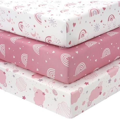 FIEMOL Baby Crib Sheets Girl, 3 Pack Toddler Bed Sheets Fitted 52”x28”