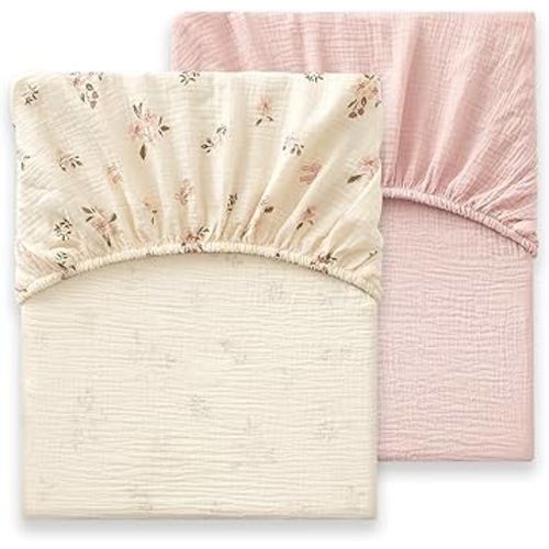 Heavyweight Muslin Baby Crib Sheets - 2PCS 52"x28" Neutral Fitted Crib Sheets for Boys Girls, Breathable Soft 100% Organic Cotton Standard Baby Mattress Sheet (Floral, Pink)