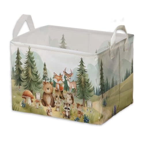 Cute Animals Storage Baskets, Woodland Nursery Decor, Woodland Baby Shower Decorations, Large Squarecanvas Laundry Hamper With A Waterproof PECoating, Foldable Kids Toy Clothes Bins for Bedroom