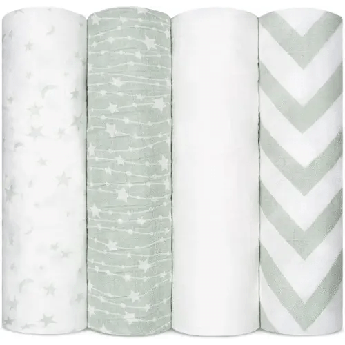 Comfy Cubs Muslin Swaddle Blankets Pack of 4 - 119 x 119 cm, Soft Cotton Baby Blanket Set, Large Swaddling Wraps for Newborns - Self-Soothing Baby Swaddle - Green