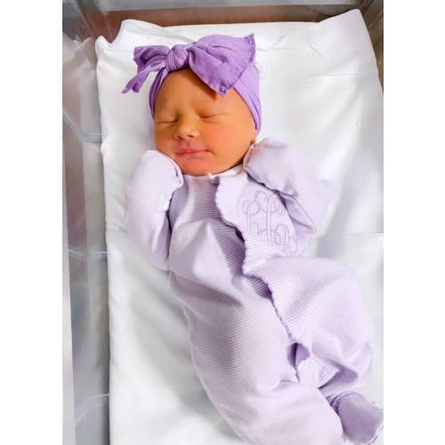 Baby girl coming home outfit, monogrammed footie, blanket, personalized outfit, pima cotton, baby shower gift, lilac tiny stripes