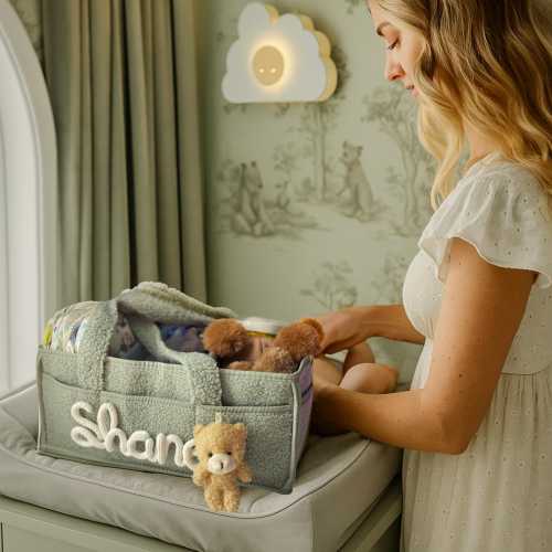 Whimsical Theme Nursery Nappy Caddy Changing Table Boucle Sage Green Storage Bag Newborn Baby Boy Diaper Organiser Vintage Style Basket Gift