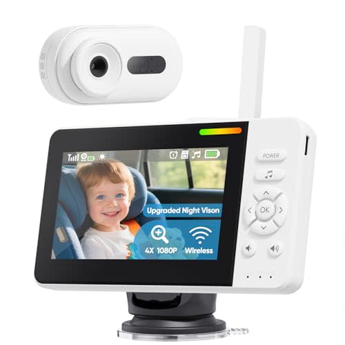 Elzeeo Wireless Baby Car Camera with Upgraded Auto Night Vision, 1080P HD Car Baby Monitor with 360° Adjustable, Easy Install Rear Facing Carseat Mirror, Newborns Travel Essentials Gifts - White