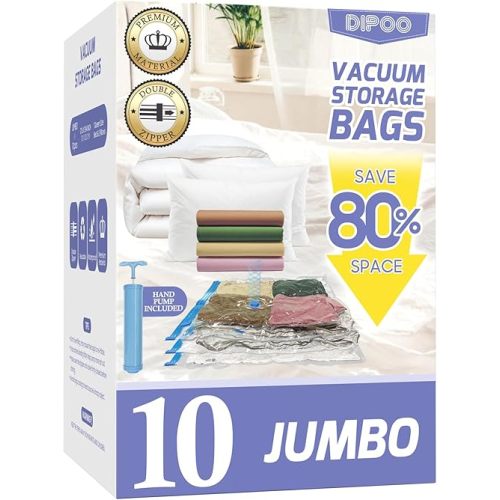10 Pack Jumbo Vacuum Storage Bags with Hand Pump, 80% Storage Space Saving, Sturdy Leak-Free Space Saver Vacuum Seal Bags for Clothing, Vacuum Compression Bags for Travel Lugggage Blankets Comforters