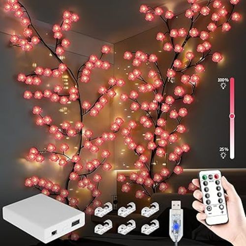 Cherry LED Branch Lights, 48 LED Willow Vine Light Garland Lighting with Remote Control, 8 Adjustable Lighting Modes, Plug-in Indoor Decorative Lights for Home Wall Door Room Decor