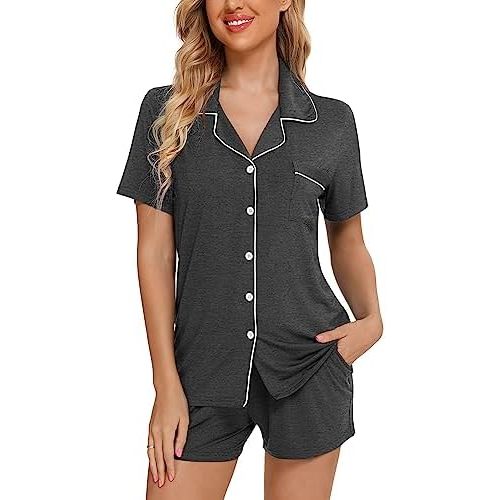 Pjmlifecoco Women's Modal Pajama Set Short Sleeve Button Down Two Piece Soft Sleepwear with Shorts Loungewear S-XXL